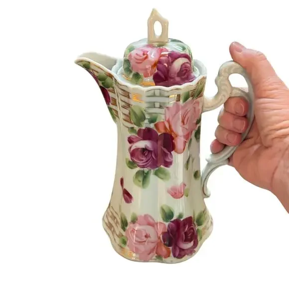 Vintage Hand Painted coffee tea pot & lid white porcelain pink & red roses